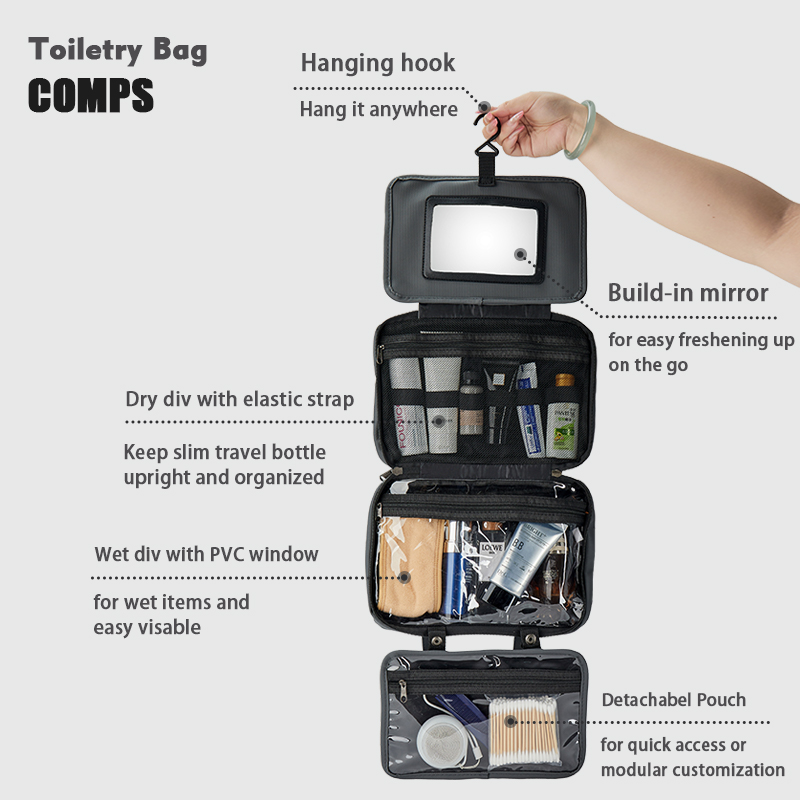 HOT SALE Durable 600D French Terry Fabric Travel Toiletry Bag with Built-in Mirror