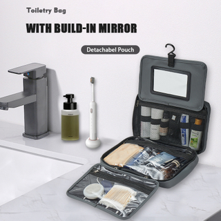 Factory Supply Durable 600D French Terry Fabric Travel Toiletry Bag with Built-in Mirror