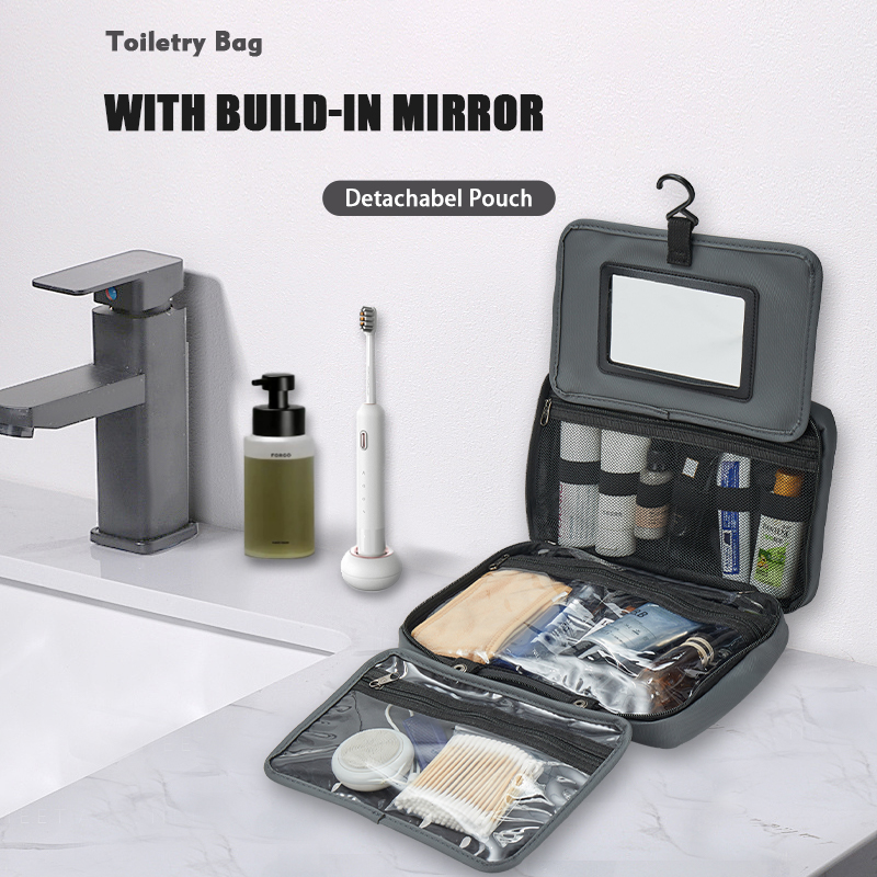 HOT SALE Durable 600D French Terry Fabric Travel Toiletry Bag with Built-in Mirror